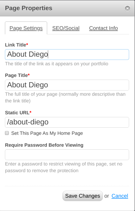 page property page settings tab